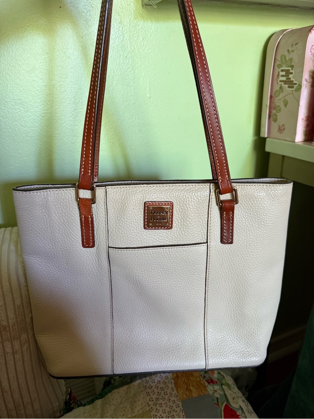 Authentic Dooney & Bourke Pebble Leather Cream Tote with Brown Trim